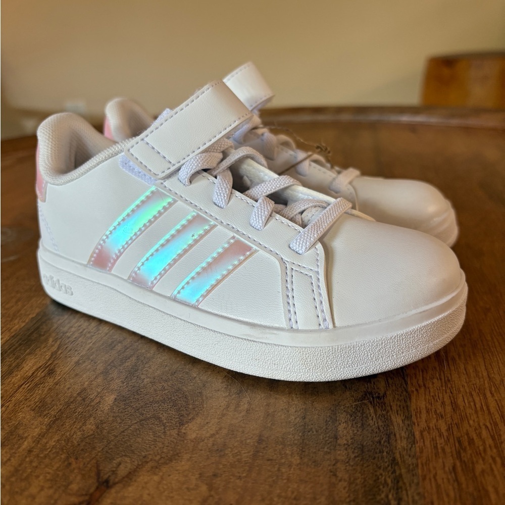 Adidas Kids Grand Court Sneaker Shoes Elastic Lace & Strap White Size 12K